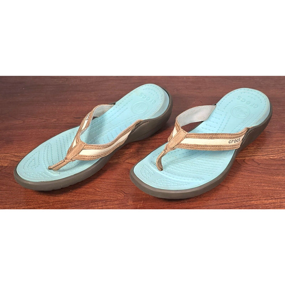 Crocs Sandals Womens Sz 10 Flip Flop Thong Brown Suede Toe Post Slip On Comfort - Picture 1 of 9